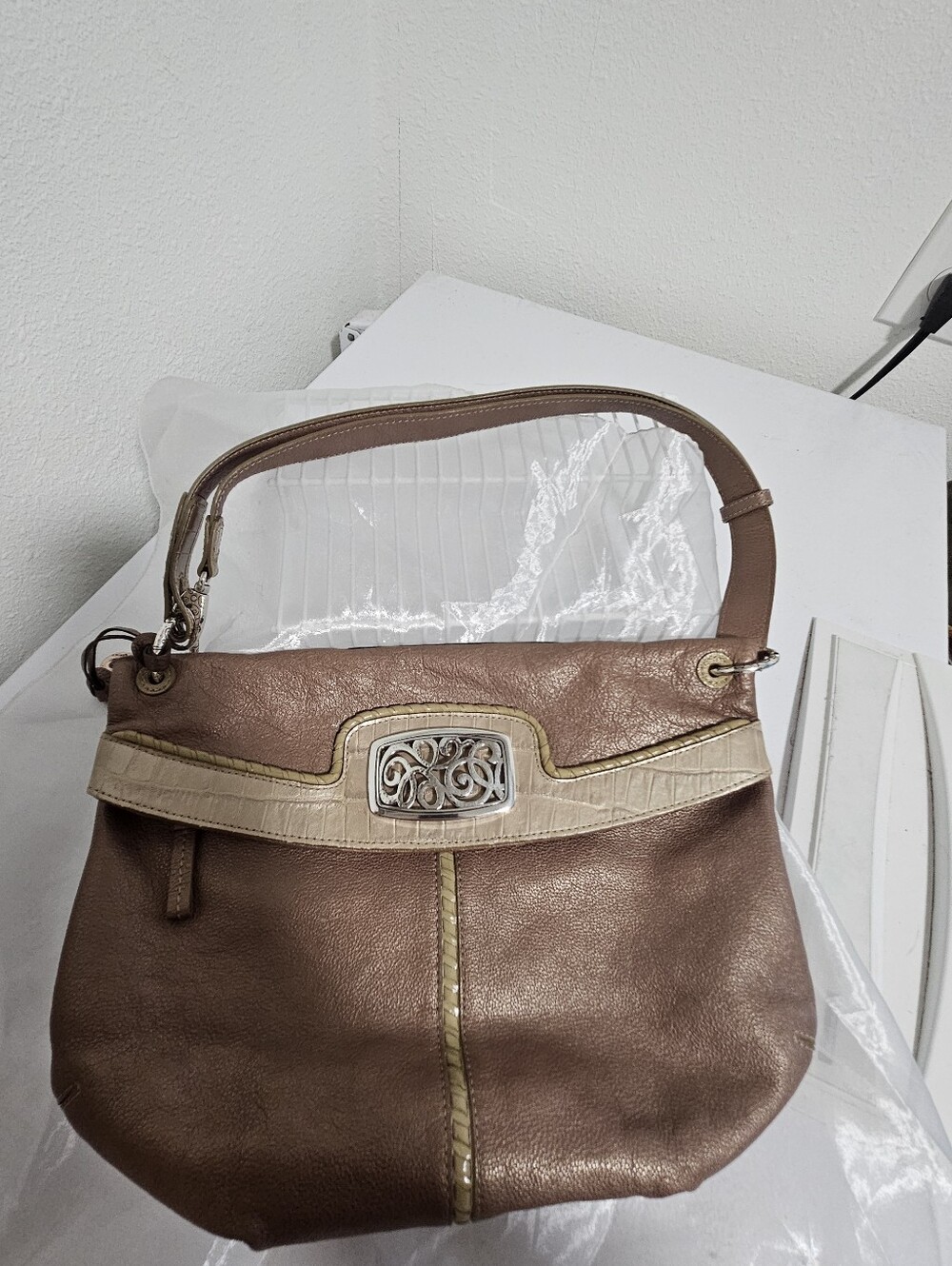 Brighton Brown and Cream Shoulder Bag with Gold Accent